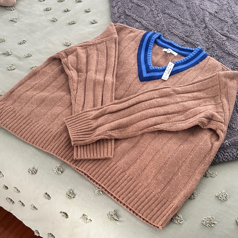 Madewell Tan Sweater with Blue Stripes
